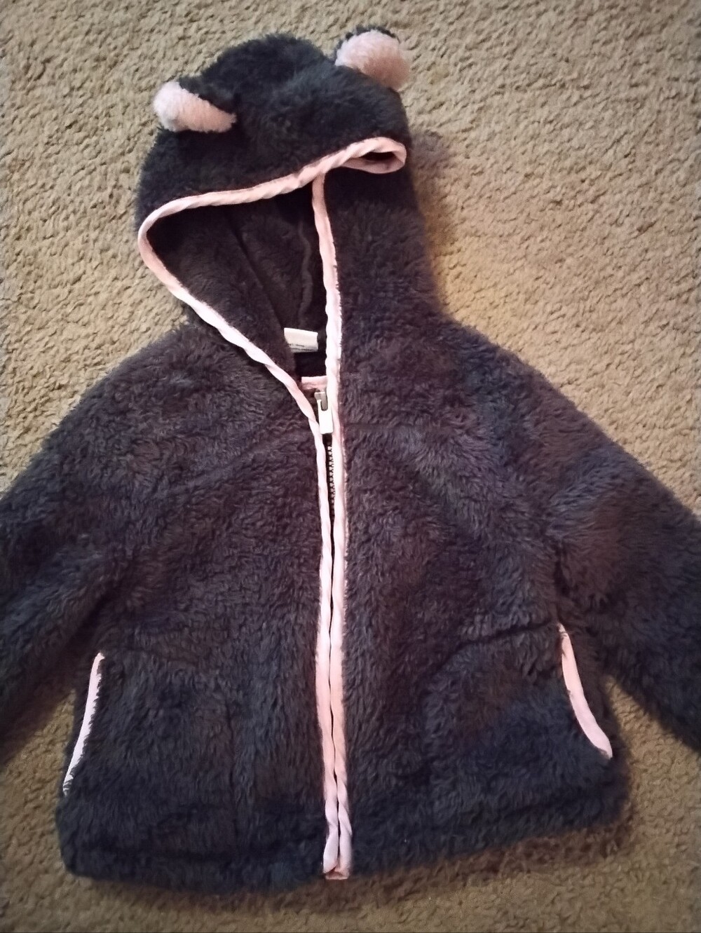 Old Navy Plush Hooded Jacket in Charcoal Gray with Light Pink Trim 18-24 Months